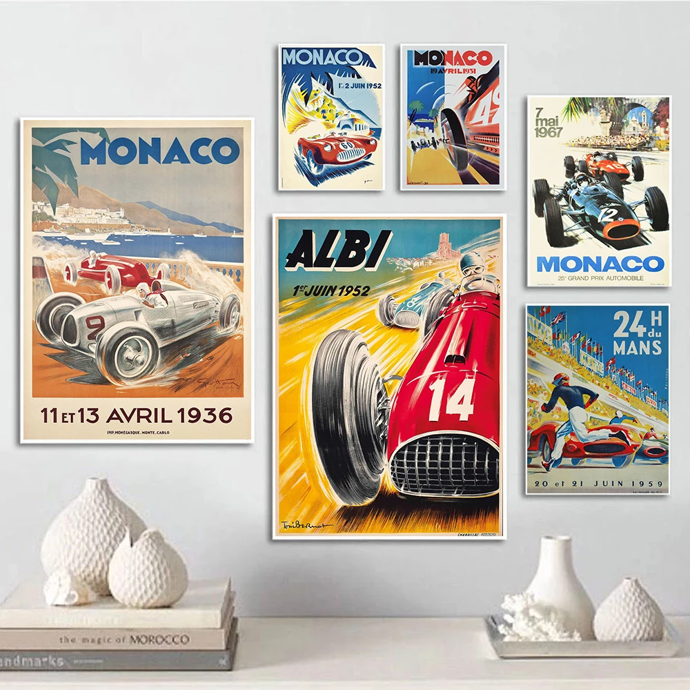 Vintage Car Races Monaco Grand Prix Poster Retro F1 24 House Poster Canvas Painting Wall Art Pictures For Living Room Home Decor