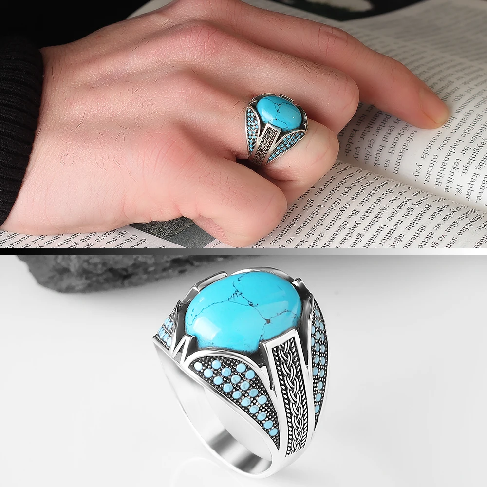 925 Sterling Silver Ring for Men  Turquoise Stone Jewelry Fashion Vintage Gift Onyx Aqeq Mens Rings All Size