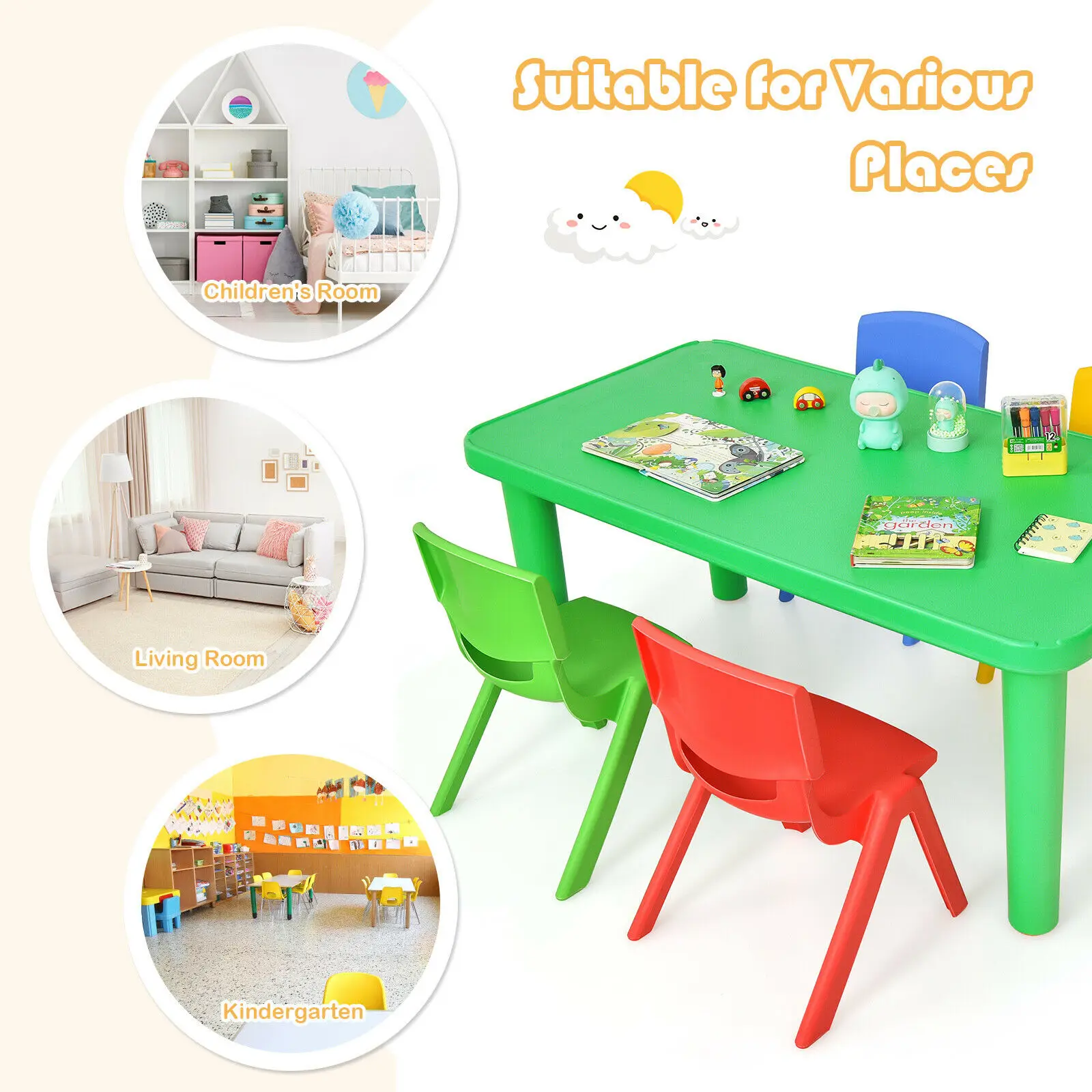 Juego de mesa y sillas de plástico para niños, juego colorido, muebles divertidos para el hogar y la escuela, nuevo, 4 Uds.