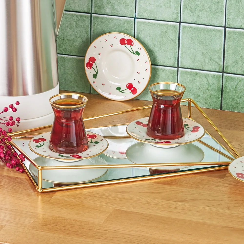 Cherry Patterned Red Glass Tea Cup Set 6 Person Tea Set Tea Saucer 12 Pieces 6 Glasses 6 Saucers 6 Persons Tea Set Hot Drink