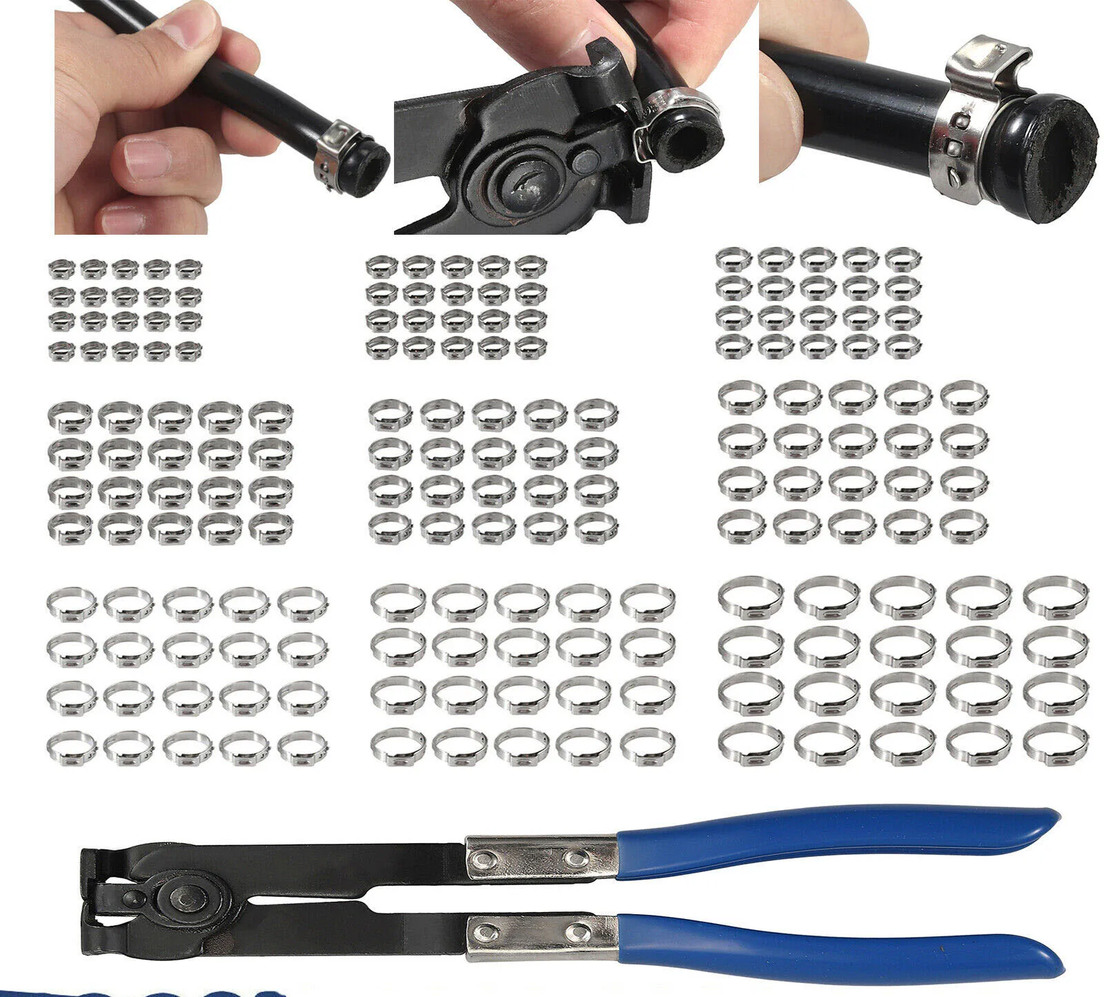 

170pcs 1 Ear Clamps Hose Clamp 5.8-21mm Assortment w/ Hose Clamps Pliers Stainless Steel Clamps Rings for Sealing Kinds of Hose