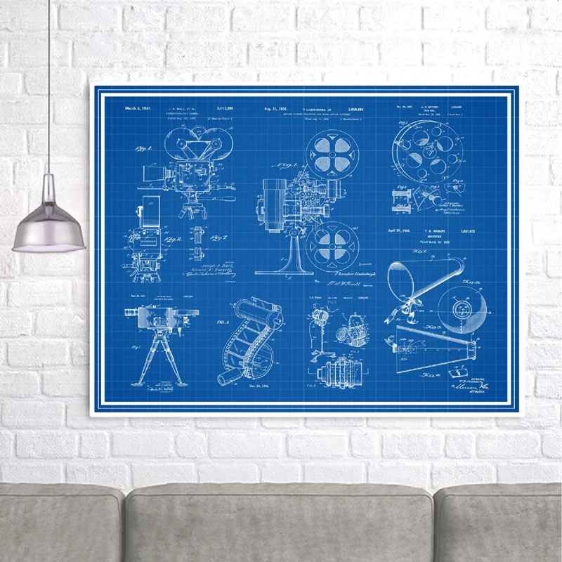 كاميرا الفيلم القديم براءات الاختراع طباعة ملصق خمر ، فيلم بكرة فيلم قطاع كاميرا مخطط الفن قماش اللوحة صور ديكور السينما