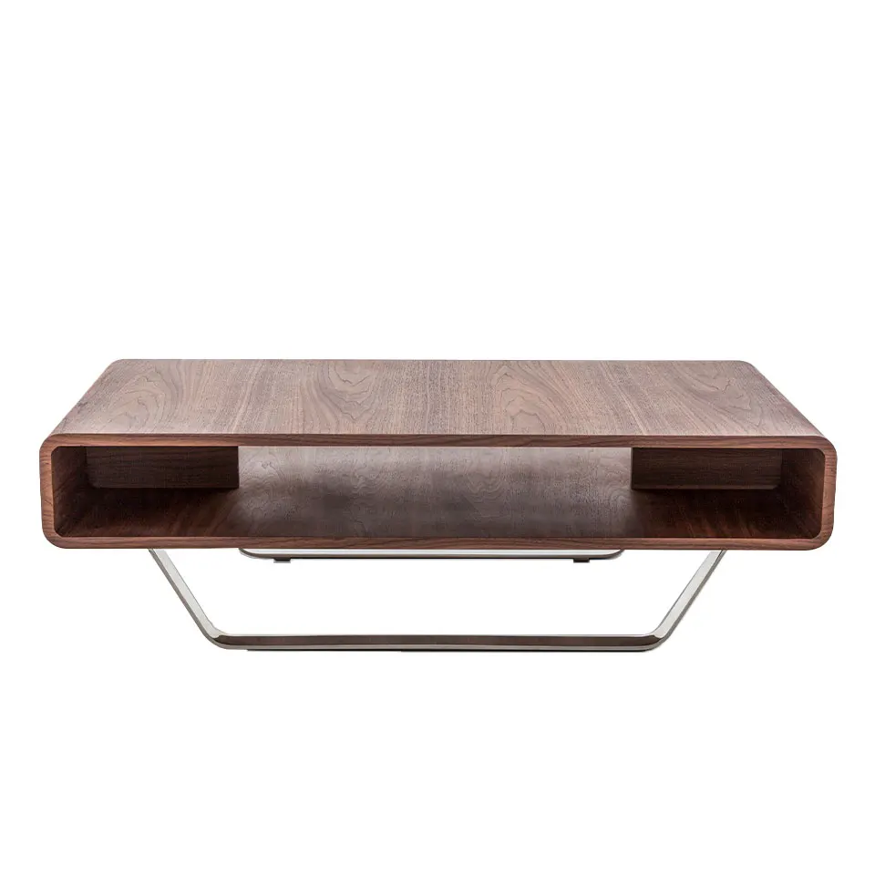 Coffee table 2002 Angel Cerdá-walnut-plated wooden center table on chrome stainless steel legs.