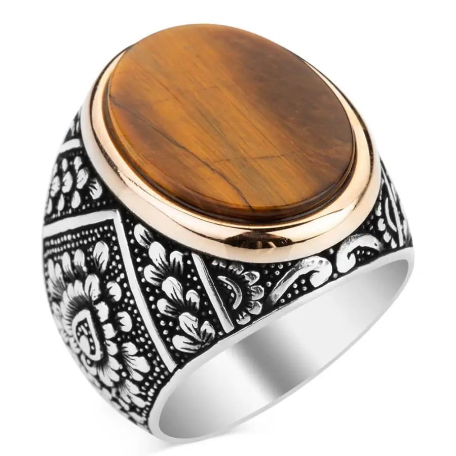 Symmetrical Sterling Silver Mens Ring with Brown Tigereye Stone Fashion Turkish Premium Quality Handmade Jawelery