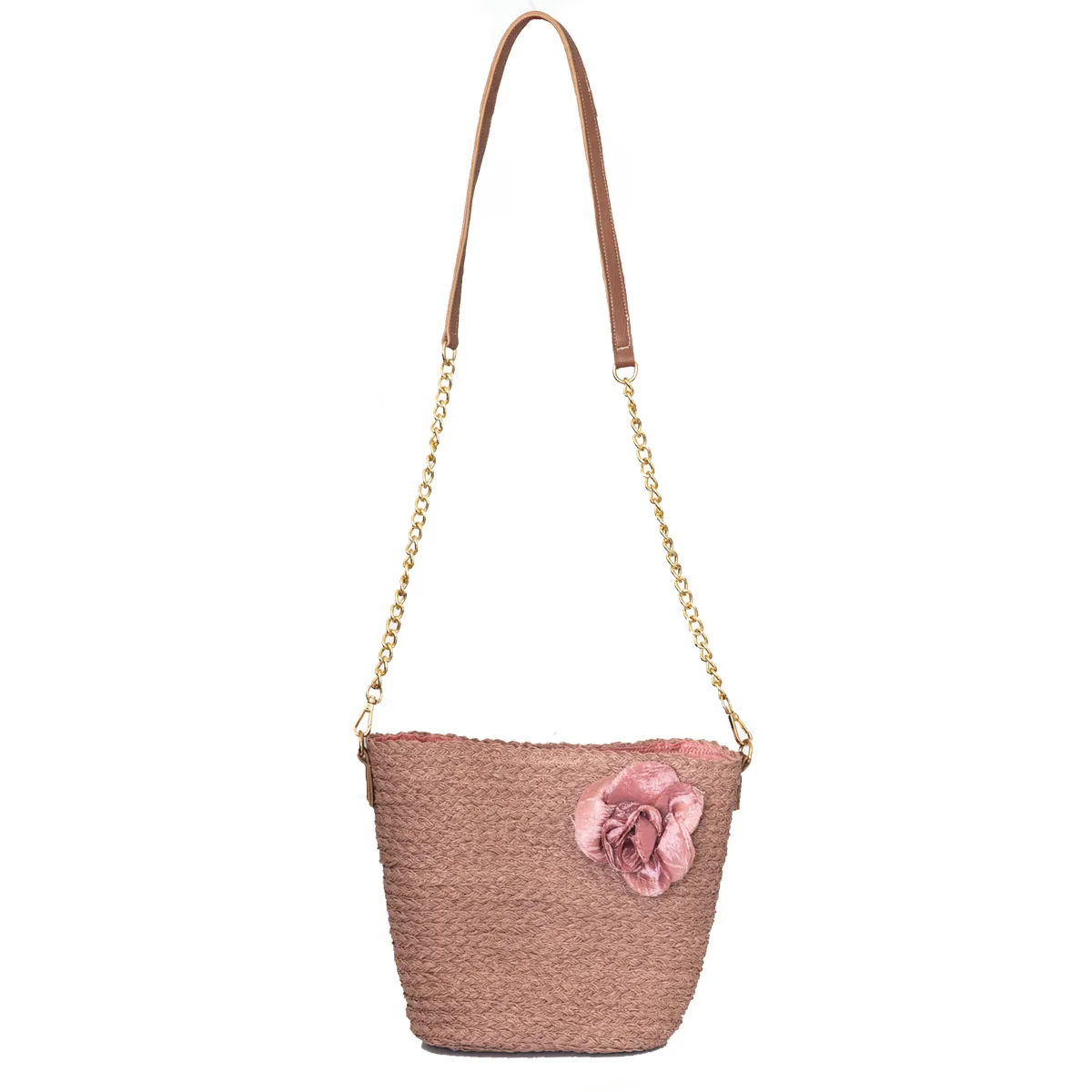 Women's Straw Chain Strap Rose Detailed Bucket Bag Women Bag Stylish Fashion Bag Bohemian Basket rattan Handmade bags for women