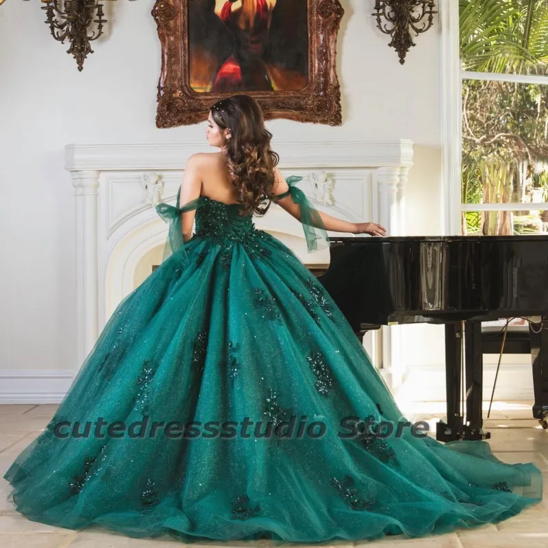 Elegante Dunkelgrün Quinceanera Kleider Perlen Weg Von Der Schulter Süße 16 Spitze Vestidos De XV Años