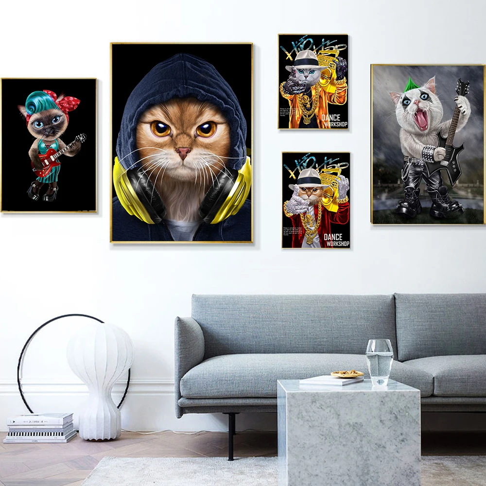 Cool Hip Hop Rapper Cat Posters Retro Guitarist Punk Rock Cat With Mohawk Canvas Painting Vintage Wall Pictures Room Home Decor