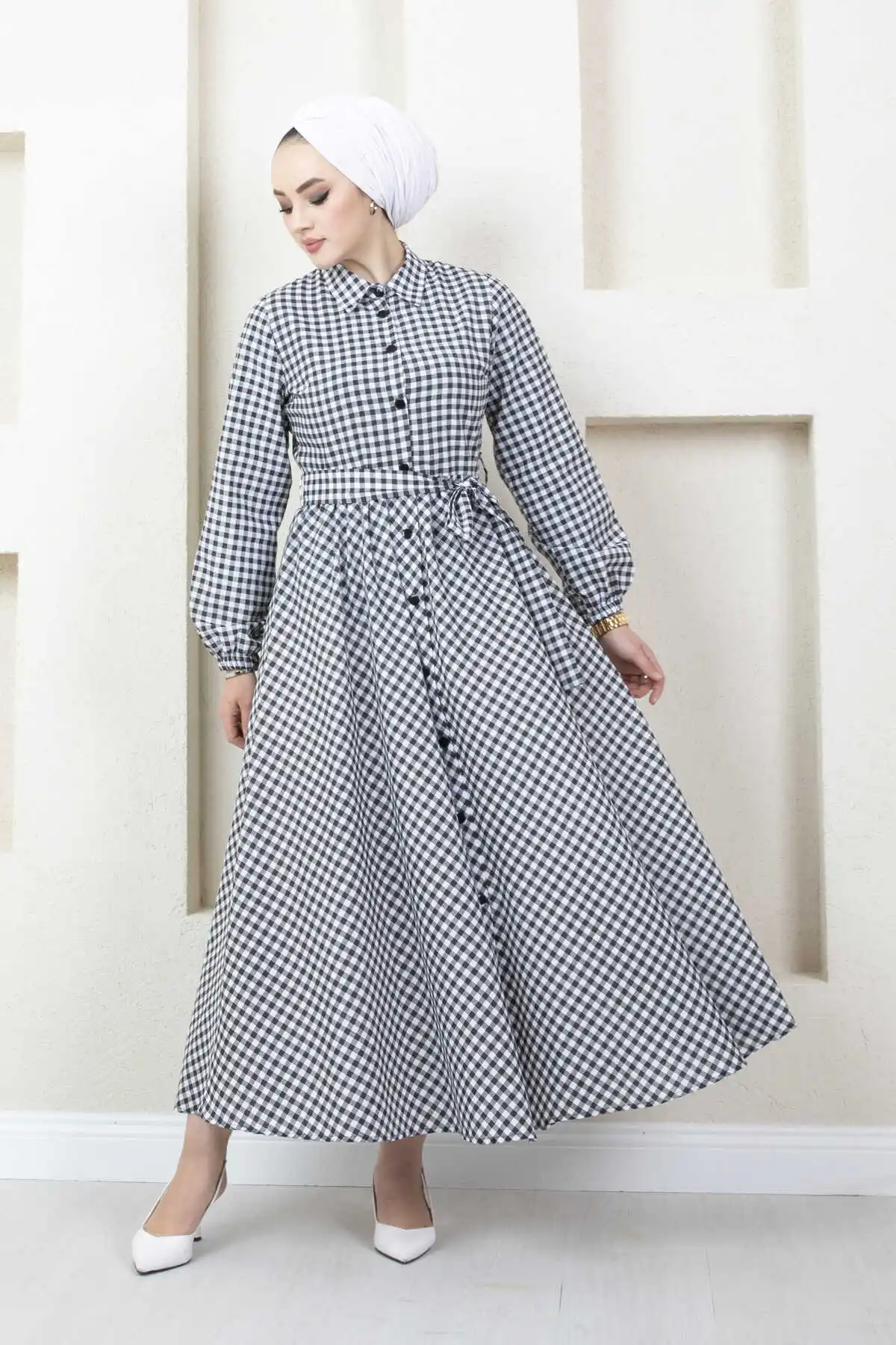 Women 88gingham Patterned Hijab Dress Ramadan Eid Mubarak Chiffon Outdoor Abaya Kimono Dubai Turkey Islamic Kaftan Muslim Robe Femme