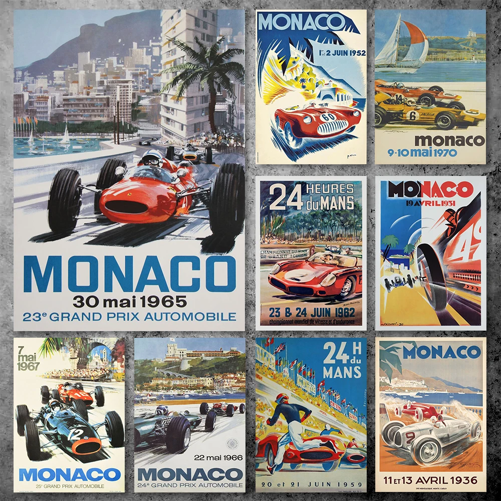 Vintage Car Races Monaco Grand Prix Poster Retro F1 24 House Poster Canvas Painting Wall Art Pictures For Living Room Home Decor