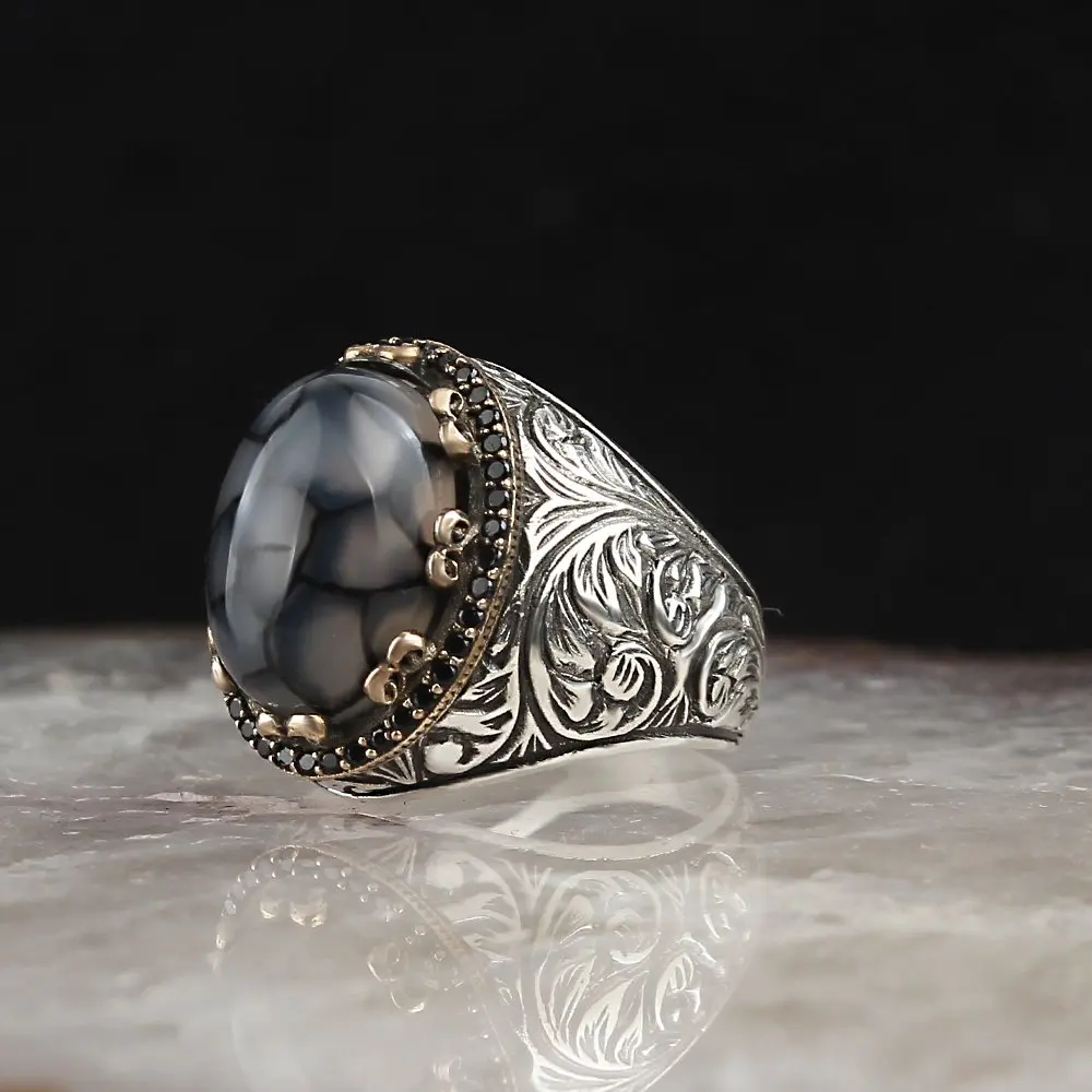 Striped Agate Gemstone Pen İşçilikli Silver Men 'S Ring