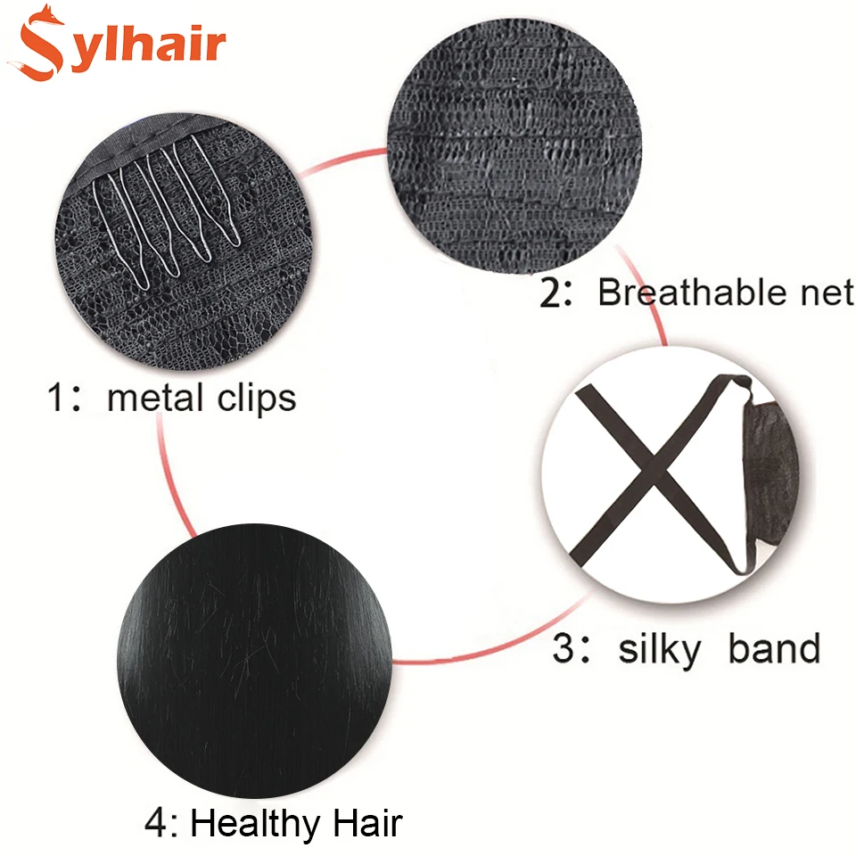 Sylhair-O grampo sintético em extensões da cauda do cabelo, cabelo natural parte com Hai, fita longa, reta super, cordão, rabos de cavalo falsos