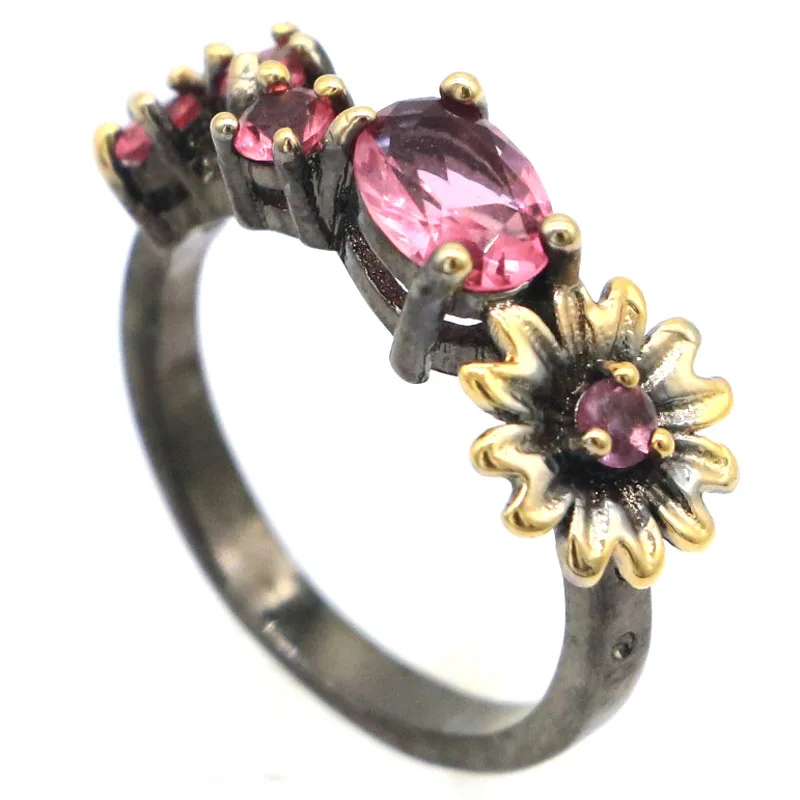 

Buy 3 get 1 free 23x9mm Neo-Gothic Pink Tourmaline Blue Aquamarine Smokey Topaz Punk Hollow Women Black Gold Silver Rings