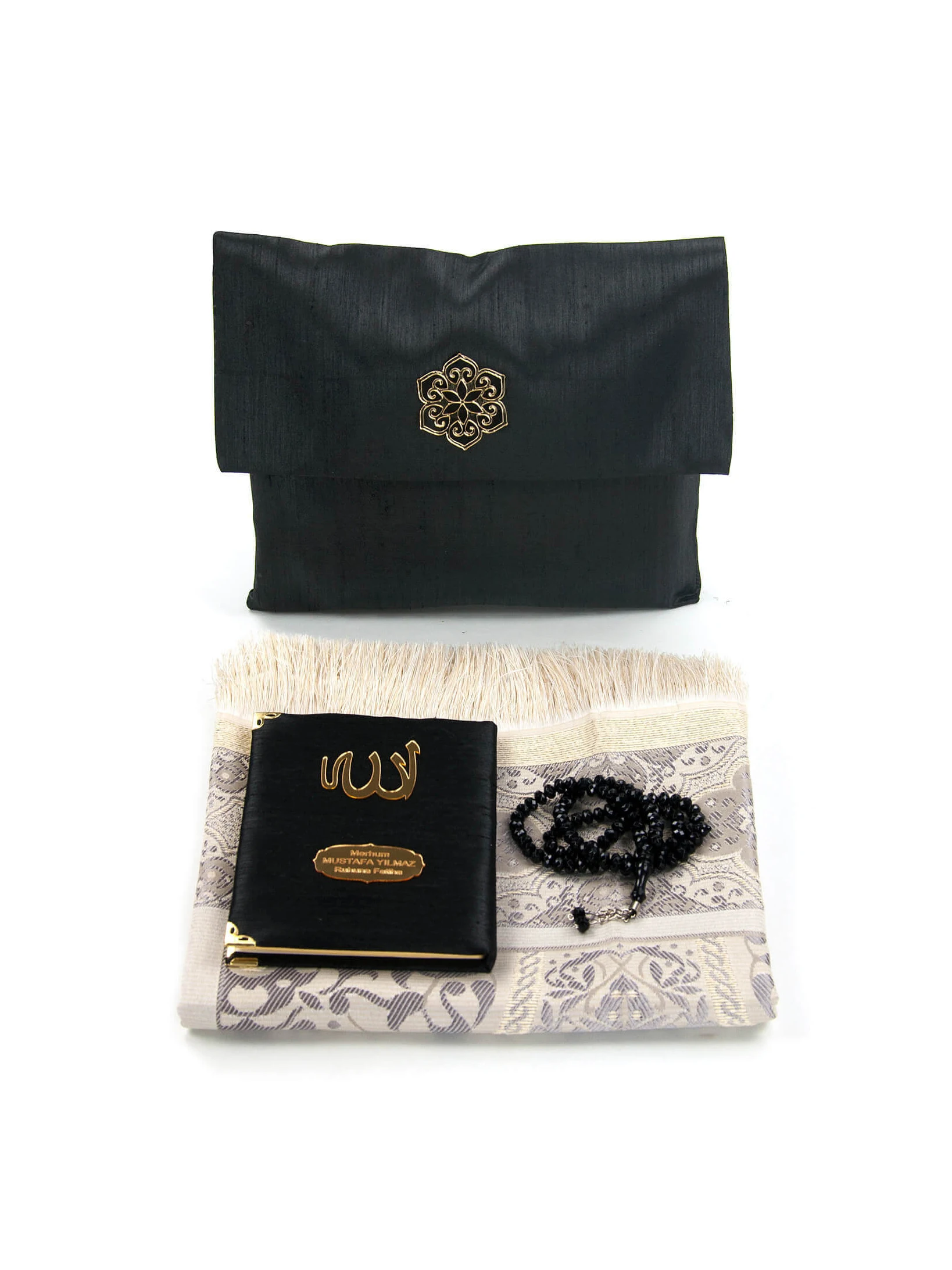 Prayer Rug Gift Janamaz Sajjadah Slub Fabric Yaseen Beads Special To Name With Transparent Box Perfect Black Color