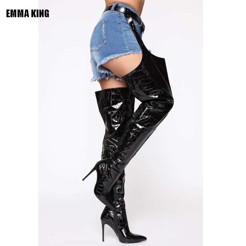 2022 Women PU Leather Over The Knee Thin Supper High Heels Pointed Toe Thigh High Long  Boots Lady Stretched Waist Belt Boots 44