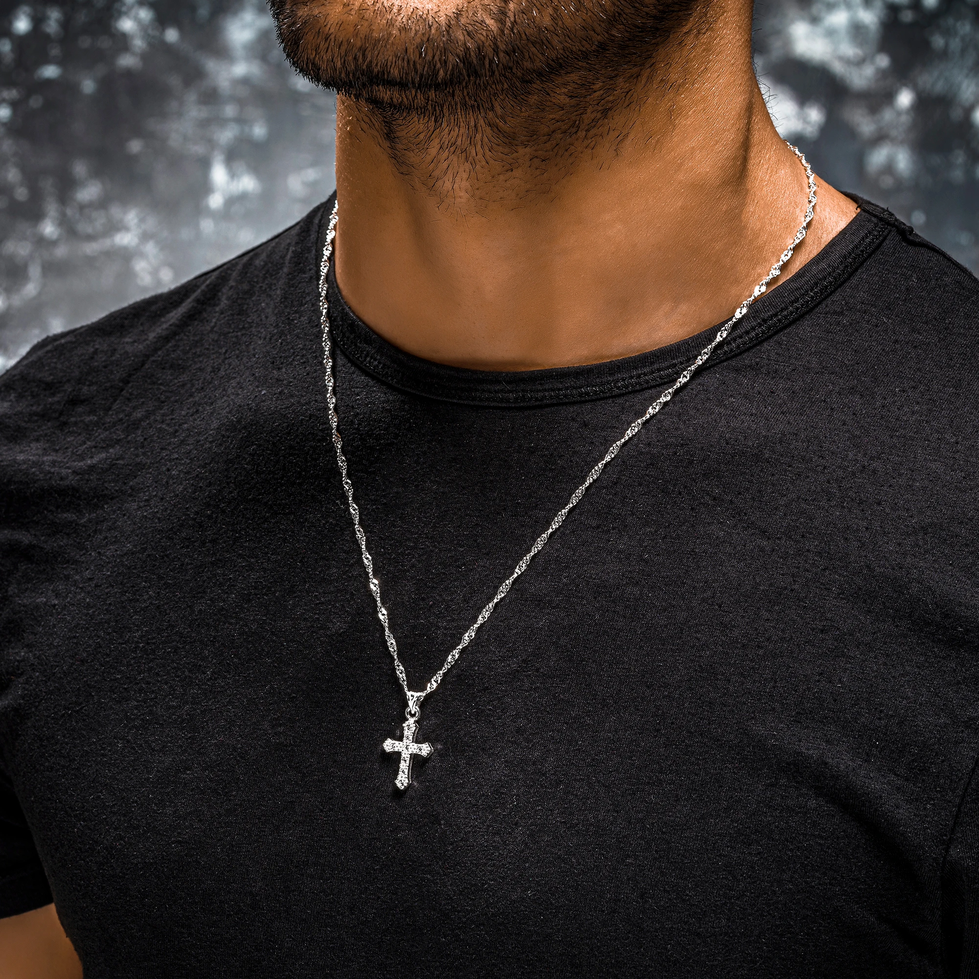 925 Sterling Silver Zircon Stone Shiny Flashy Cross Model Singapore Chain Men's Necklace Religious Necklace Gift