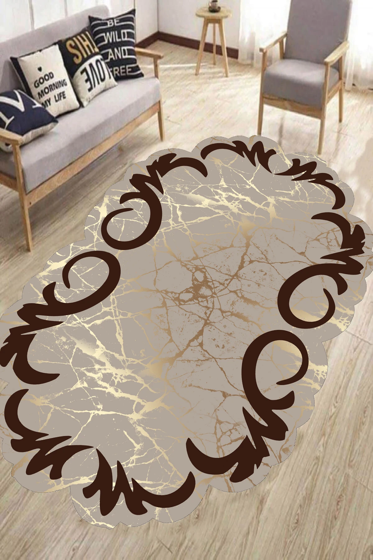 Laser-Cut Salon Mat Ellipse Design Washable Slip-Resistant Faux Leather Base Home Decoration Special Series Marble Pattern Brown