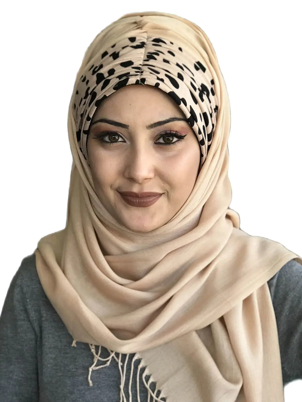 New Fashion Hijab 2023 Women Muslim Chiffon Headscarf Islamic Turban Women's Hat Cream Shirred Detailed Brown Spotted Instant Sh