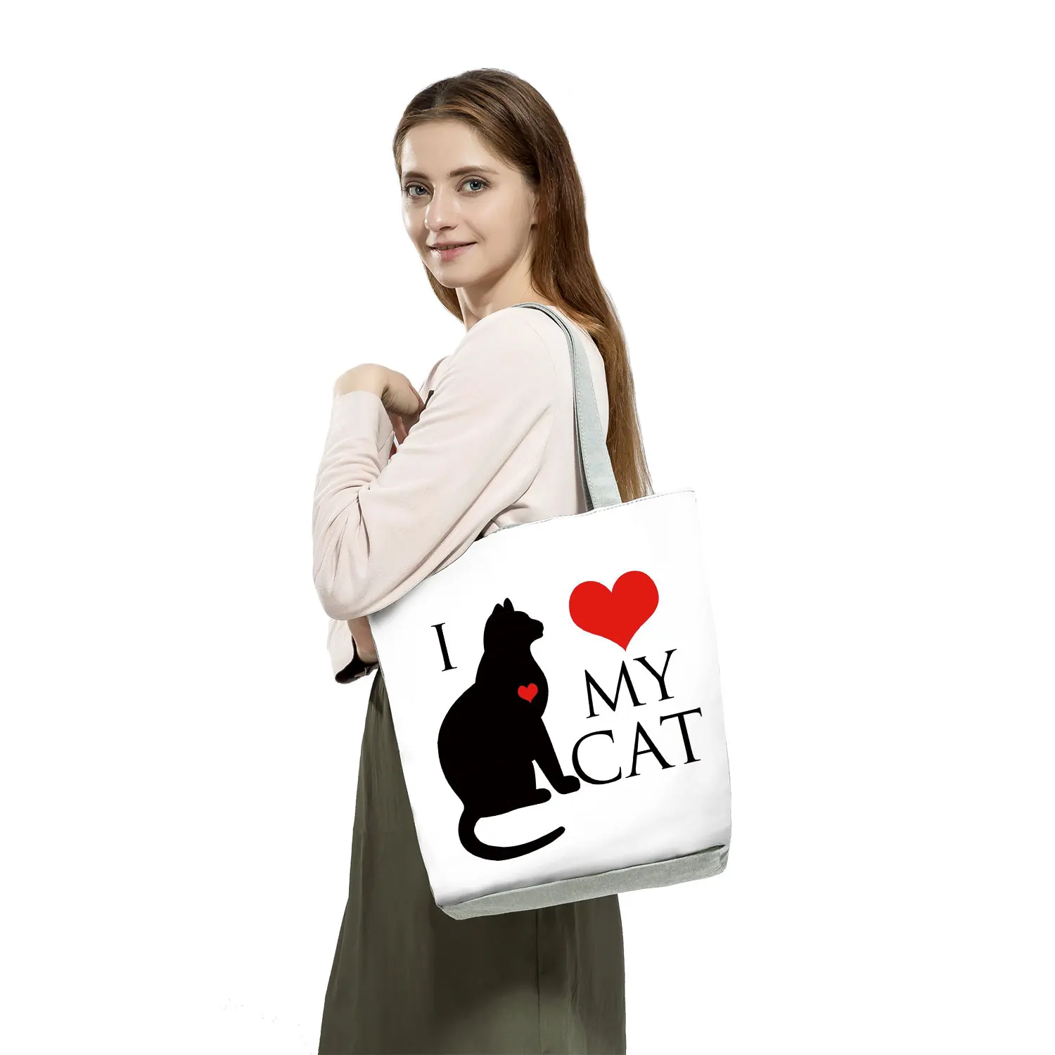 Fashion Handbgas Cute Black I Love Cat Painting Women Designer Tote Animal Graphic Eco Reusable Shopping Shopper Bags Foldable