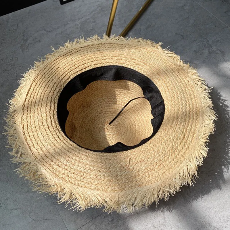 Women Sun Hat Wide Brim Straw Hat Fringed Raffia hats Flat UPF 50+ Summer Boater Hat Ribbon Beach Hat Kuntucky Derby Hat Travel