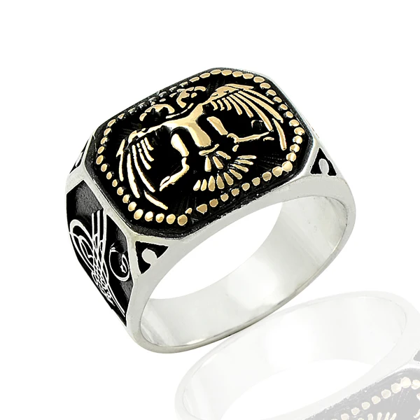 925 Silver Two Head Eagle and Ottoman Symbol Printed Ring for Men