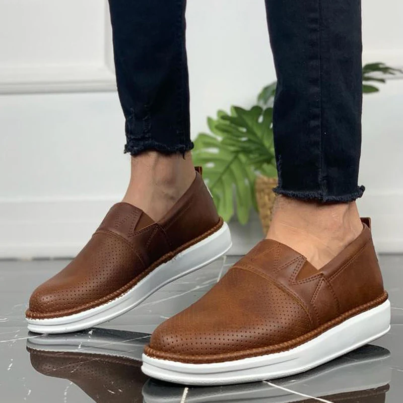 

Chekich Men's Shoes Tan Color Artificial Leather Slip On Spring and Fall Seasons Sneakers Casual Brown Breathable Lightweight Luxury Comfortable White Base High Sole Gentlemen Footwear Suits Solid Walking CH091 V5