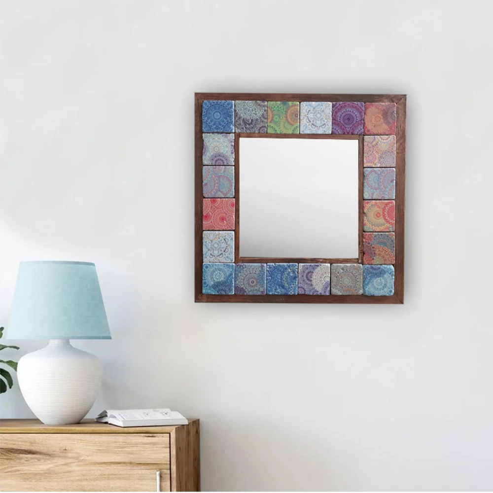 Handmade Wall Mirror Decorative Natural Stone Wooden Framed Art Decor Vintage Mosaic Printed Tile Square Gift Hang 33cmx33cm