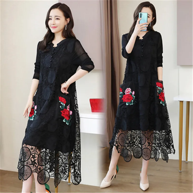 

heavy industry embroidery dress autumn new V-neck fashion cover belly middle-aged and elderly mother dress irregular lace dress