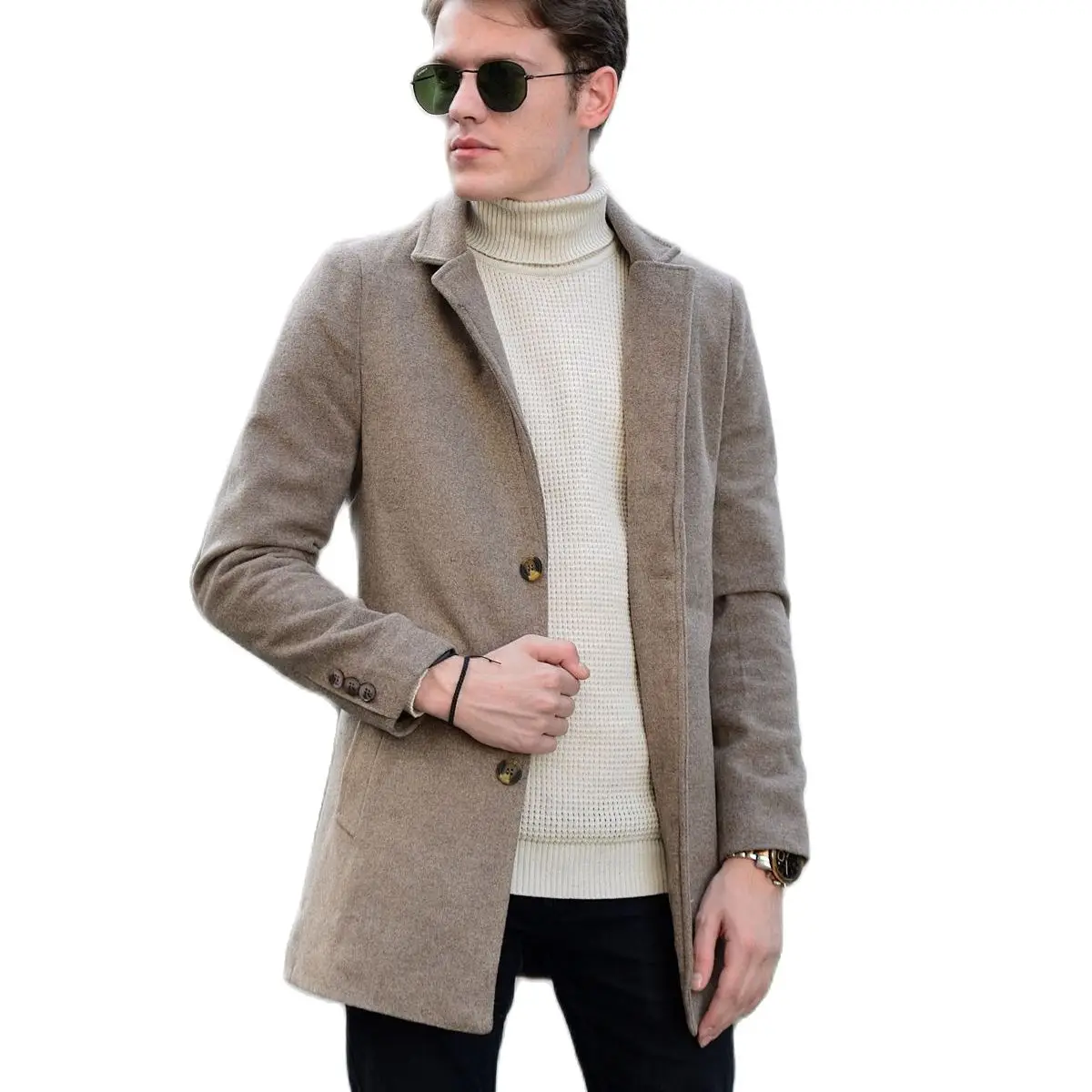 Men's Beige Color Cachet Jacket 2021 Autumn Winter Season Outwear High Quality SlimFit Young Style With Front Button Closure