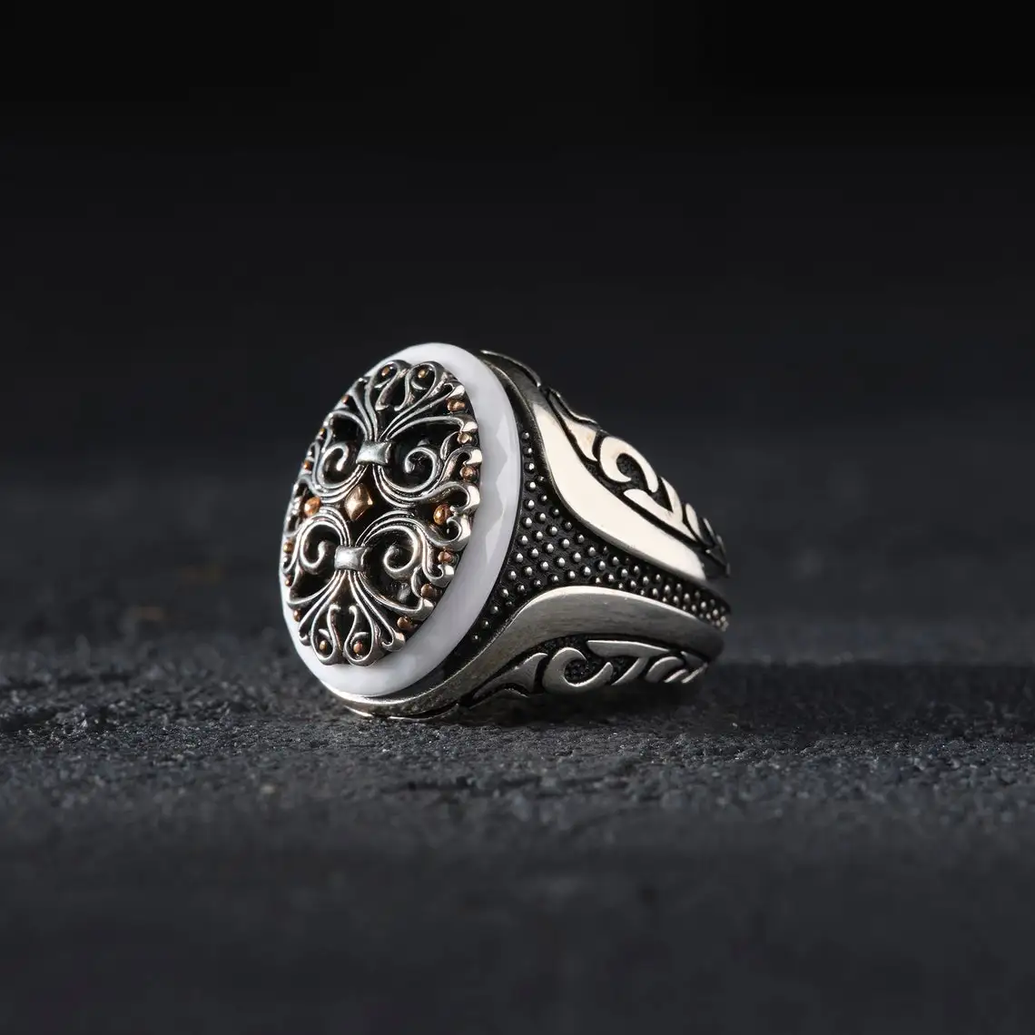 Genuine 925 Sterling Silver Turkish Ottoman Ring for Men Natural Ceramic Stone Mens Ring Cool Punk Male Rings Fashion Jewelry