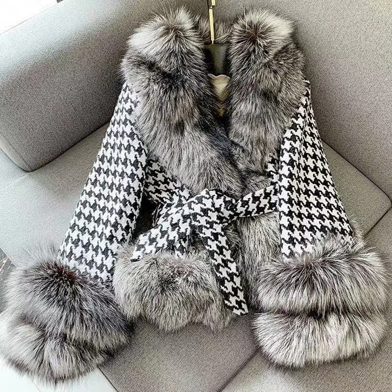 Imagem -05 - Outono e Inverno Cabolsa de Pele Feminina Houndstooth Colarinho Curto Prata Raposa Tribunal Moda Roupas Femininas 2023