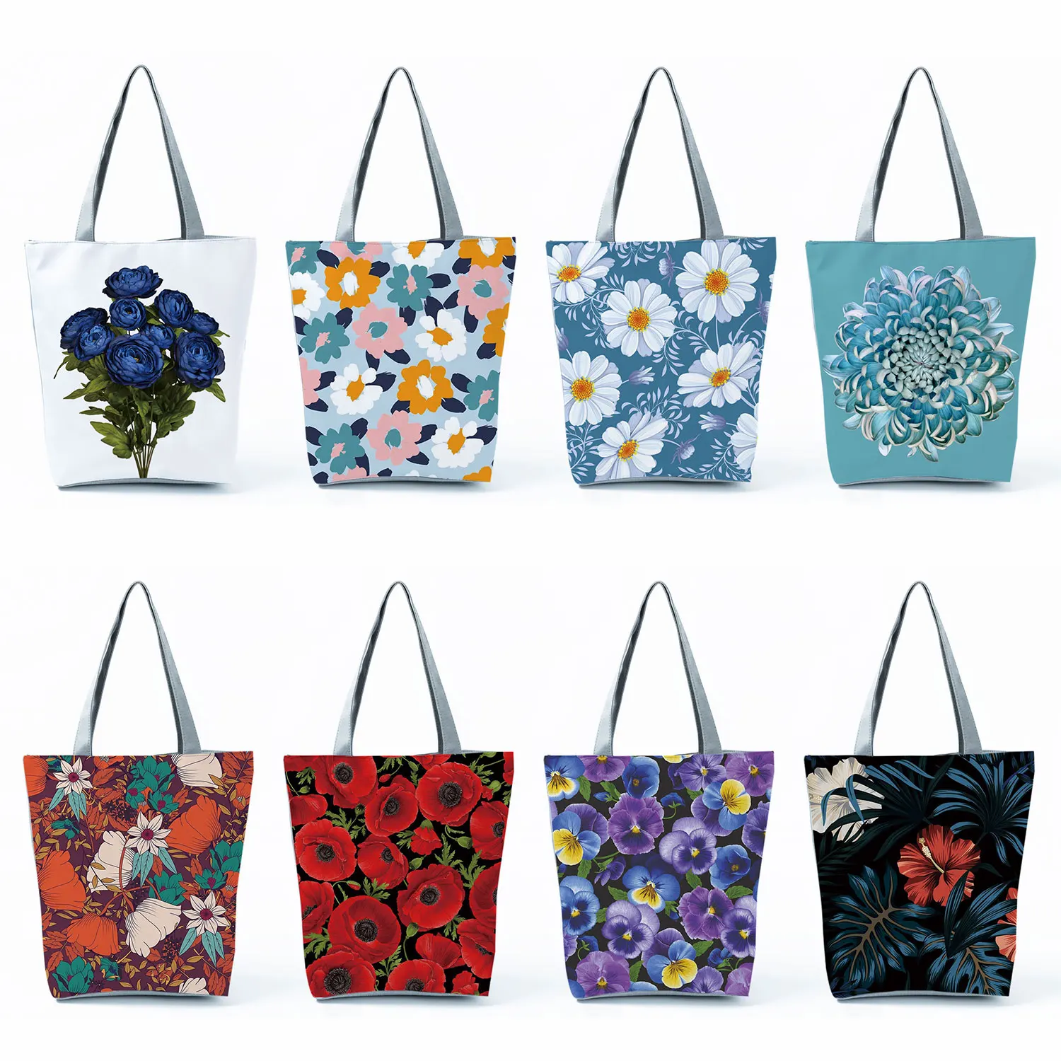 Bright Colors Floral Print Handbag Beautiful Flower Tote Casual Travel Beach Bag High Capacity Reusable Shoulder Shopping Bags