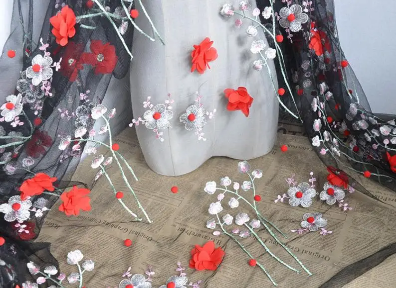 

Black Tulle Red 3D Flower And Pom Pom Embroidery Floral Lace Fabric Wedding Lace Bridal Lace Veil Lace 51" Width By The Yard
