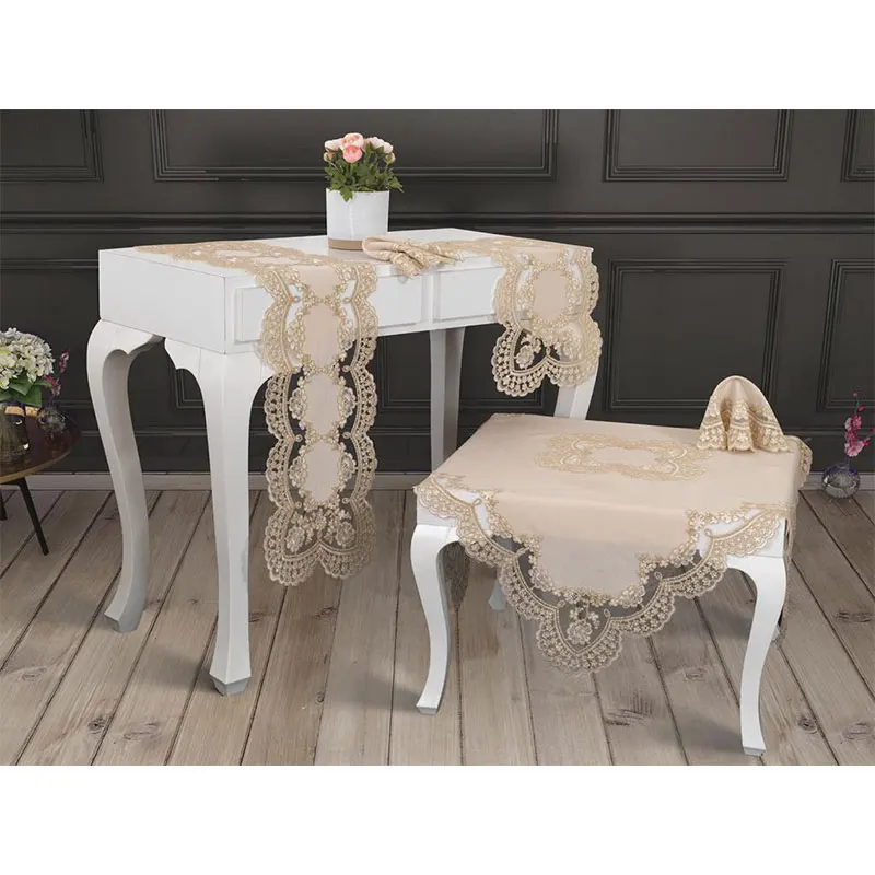 New Season Linen Cord Embroidered Elegant Stylish 5 Piece Living Room Set Supla Runner Console Table Cover Perfect Design Cappuc