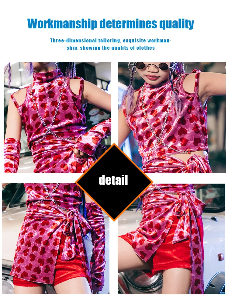 ZZL 4 Pcs Urban Dance Girl Clothes Jazz Dance Suits Hip-hop Outfits K-pop Performance Wear Red Heart Design Tanks Oversleeve