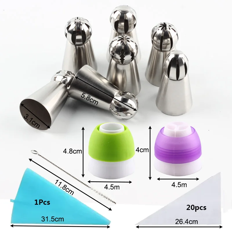 31Pcs Stainless Steel Sphere Ball Icing Piping Nozzles Silicone Pastry Bags Nozzles Brush Coupler Set DIY Cake Decorating Tools