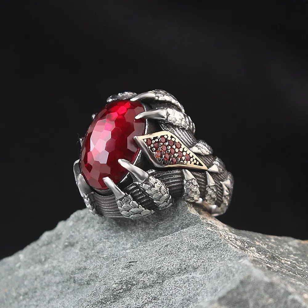 

MEN 'S Ring Red Zircon Stone Claw Model 925 Sterling Silver Men Ring Gift Special Design Handmade Made in Turkey