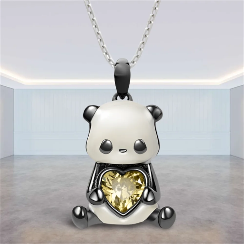 Cute Panda Holding Heart Crystal Pendant Necklace for Women Exquisite Cartoon Animal Jewelry Fashion Girl Party Accessories Gift