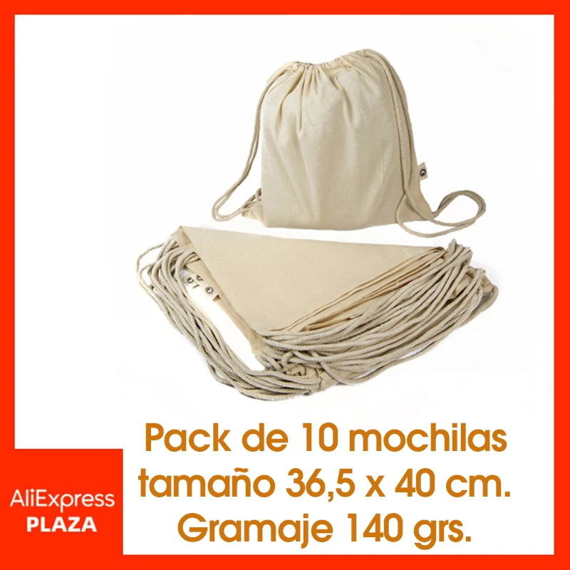 Mochila Algodón Natural ECO Cierre Cordón Pack 10 unidades Regalo Manualidades Compra Deporte Feria Excursion Ropa Zapatos