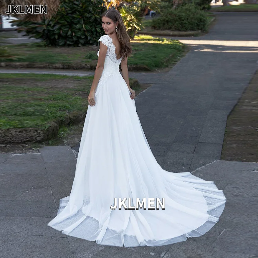 2021 Bohemian Trouwjurk V-hals Kapmouwtjes A-lijn Boho Eenvoudige Bruidsjurken Vestido De Noiva Bridal Party Strand Jurk