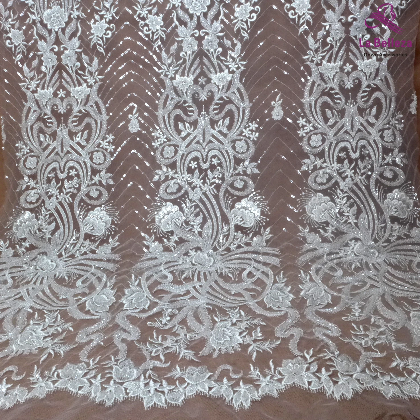 

La Belleza 2021 New white bridal lace,Hight patterns lace fabric,silver beading wedding dress lace fabric 51'' width 1 yard