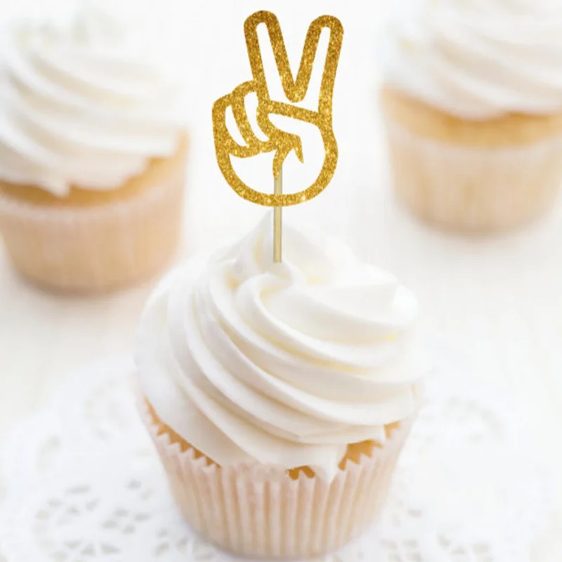 

Custom Peace Sign Hand glitter Cupcake Toppers,Personalised Two Cool Party Decorations, 2nd Birthday gold Cupcake Toppers