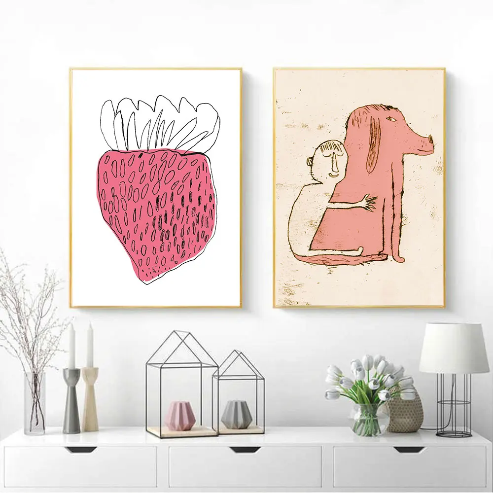 Dog Cuddle Poster Strawberry Print Kawaii Canvas Painting Nursery On The Wall Art For Baby Room Home Decor Kid Aesthetic Picture