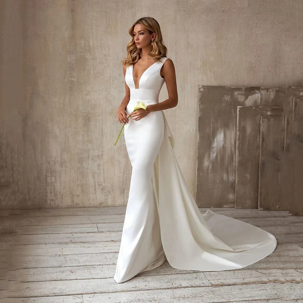 

Sexy V Neck Simple Satin Mermaid Wedding Dress Detachable Train With Bow Ivory White Bridal Dresses Backless Vestios De Novias