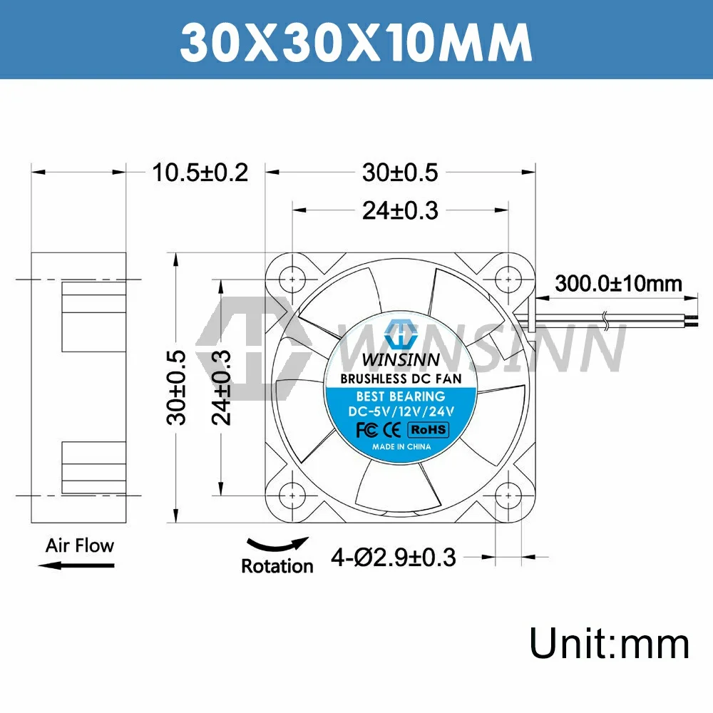 WINSINN -油圧ベアリング付きアルミニウム冷却ファン,DC 5v 12v 24v,30x10mm,2ピン,3010mm