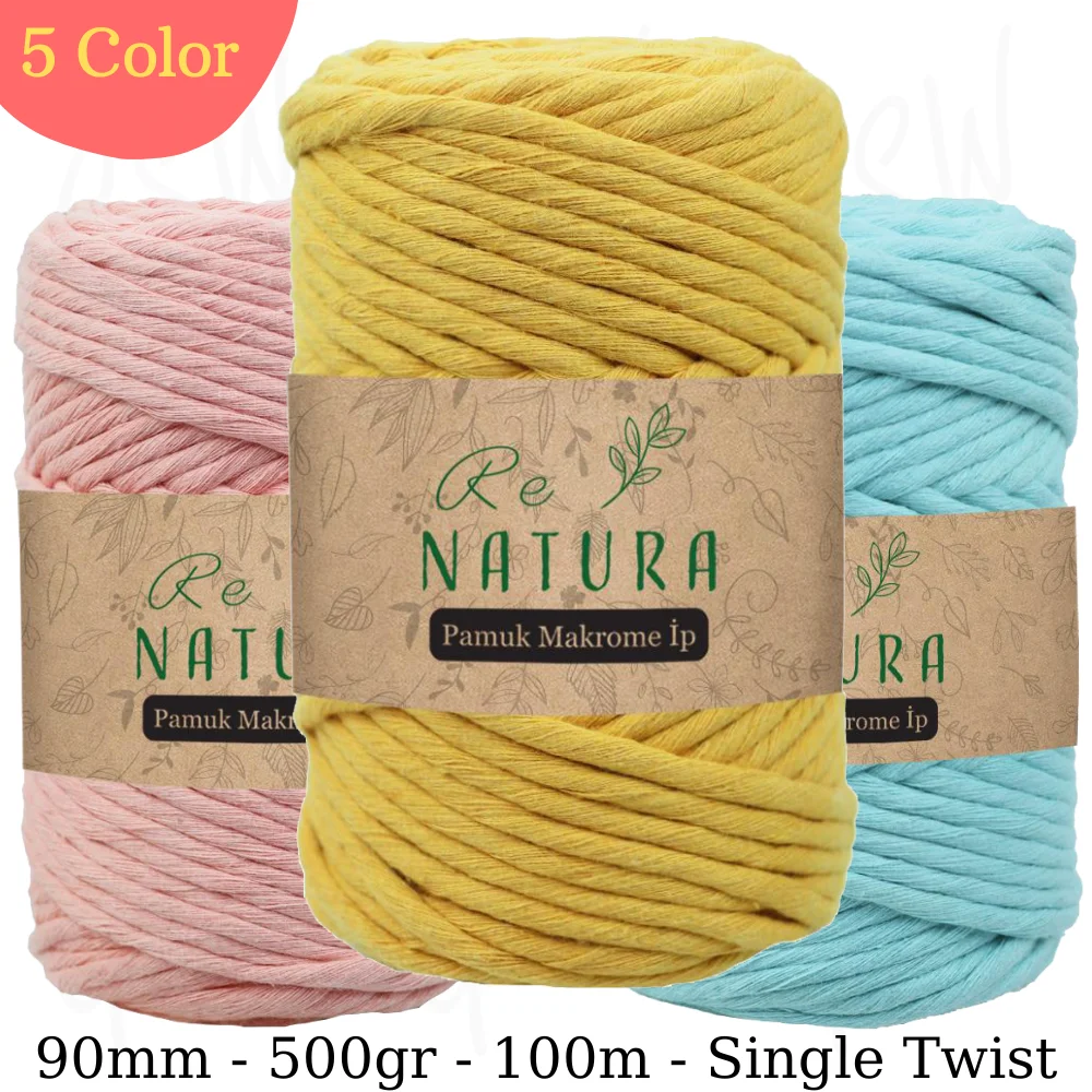 5mm 500gr Cotton Macrame Rope - Single Twist Yarn - 90 Meters - Blanket, Booties, Hammock Pencil Box, Bag, Placemat, Basket, Pillow, Stroller,