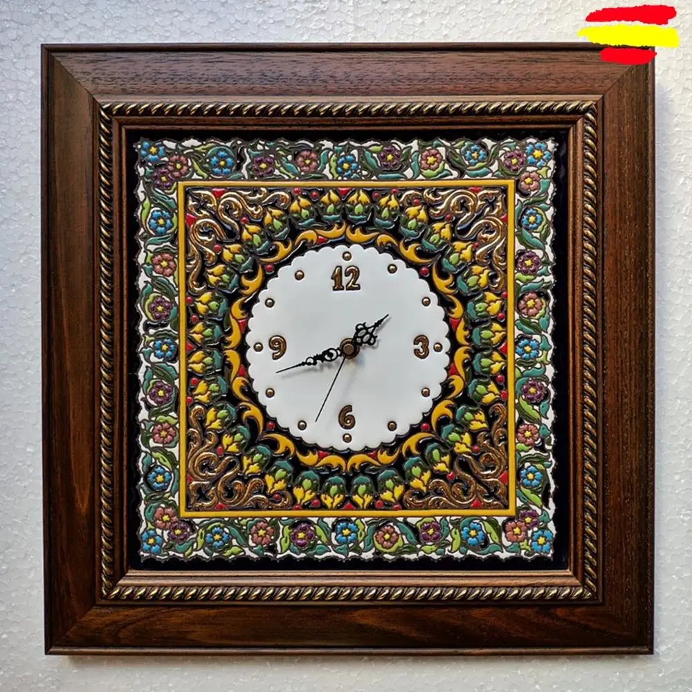 Wall Clock with 40 cm/16 inch wooden frame-Spanish-enamelled ceramic made to mane-oro 24 k-Home & Decoration