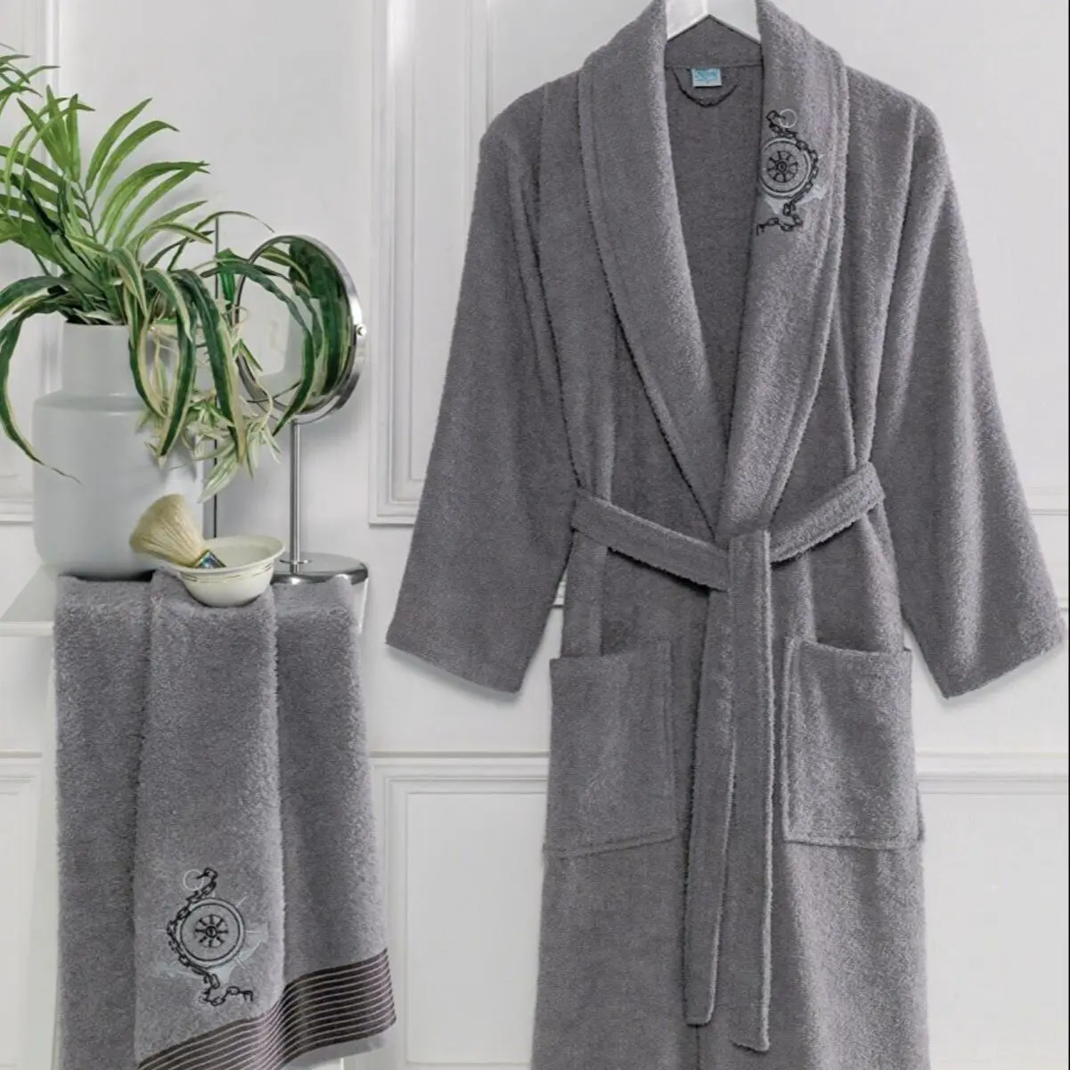 

2 Picies Luxury Soft Cotton Grey Bathrobe Set For Men 1 Bathrobe 1 Head Towel Bathrobe Robe Sets Nightrobe Sleepwear Home Wears