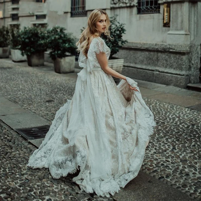 Robe De mariée en dentelle style bohémien, tenue De plage, coupe trapèze, dos nu, manches cape, sur mesure