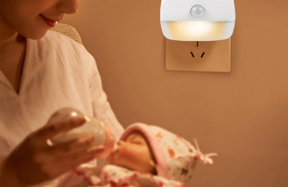 LED Night Light Motion Sensor Light 220V EU Plug In Smart Motion Sensor Light Warm and White Light Dual Color Night Lamp