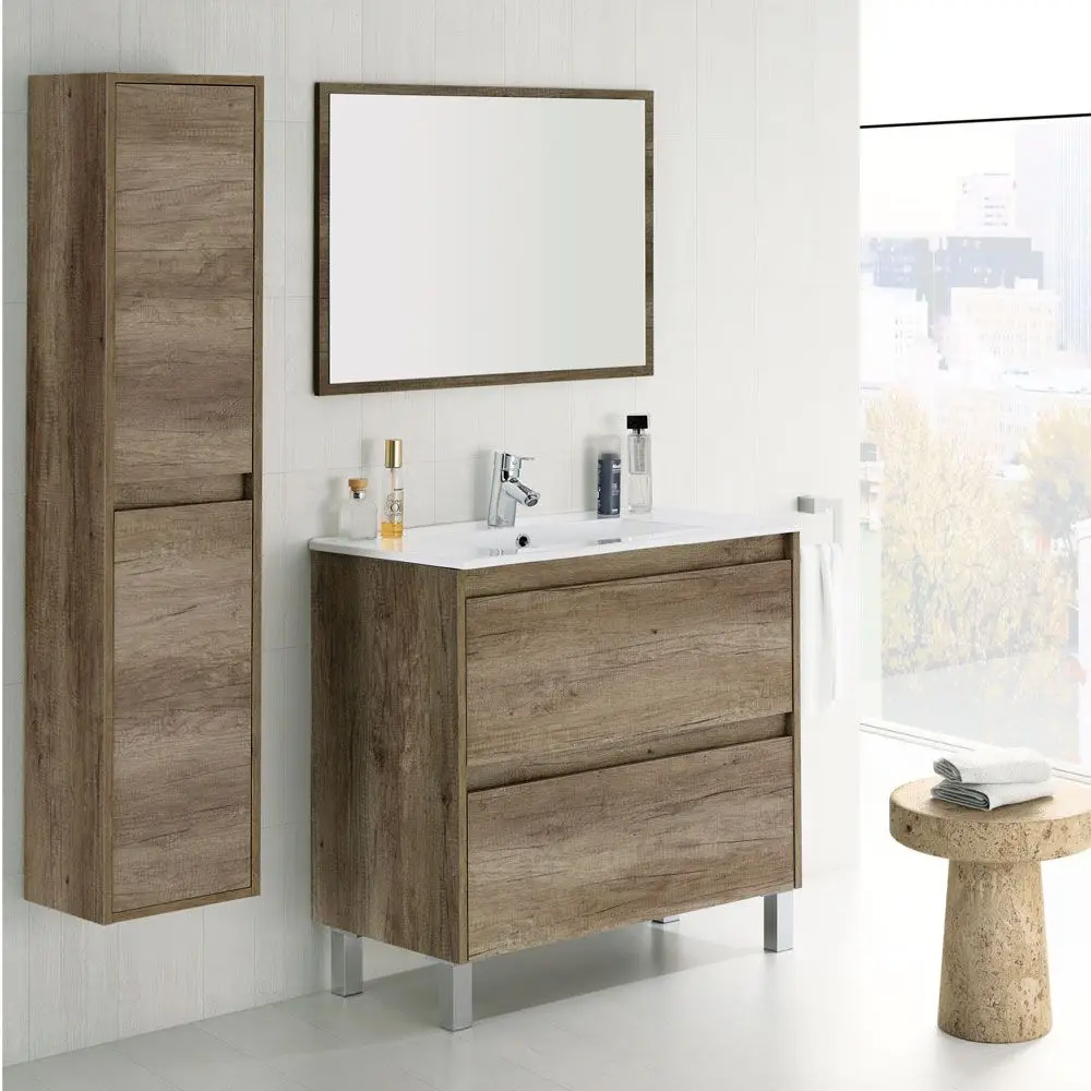 Bathroom toilet furniture 2 drawers + mirror + sink + column 2 Color Nordik, narrow bathroom furniture, small bathroom furniture set